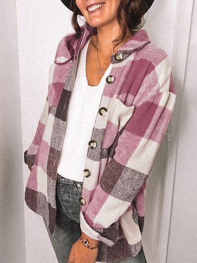 Plaid Pocketed Dropped Shoulder Button Up Jacket