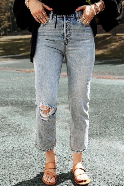 Distressed Straight Jeans with Pockets