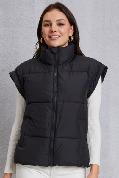 Zip Up Turtleneck Pocketed Vest Coat