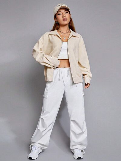 Zip Up Dropped Shoulder Cropped Jacket